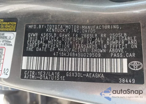 2005 Toyota Avalon Xls z USA, uszkodzony, nr VIN 4T1BK36B45U029509